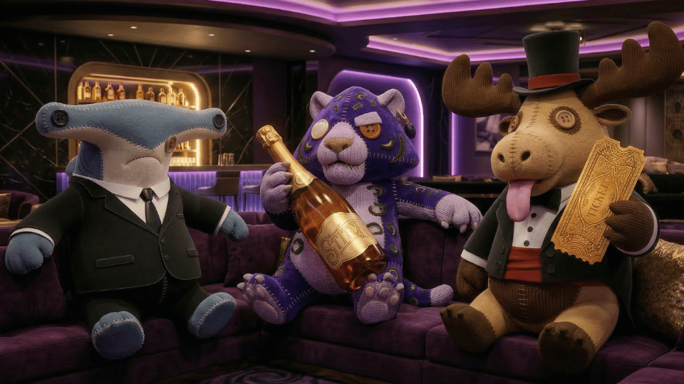 Three STITCH characters relax on a velvet couch in the Lounge.